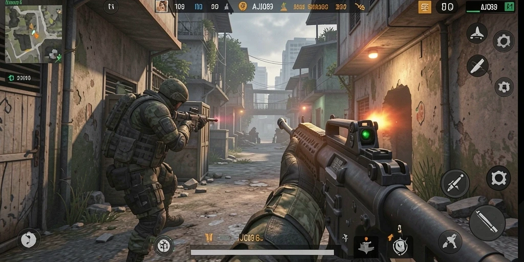 Screenshot gameplay AJO89 menampilkan aksi seru dalam pertempuran FPS.